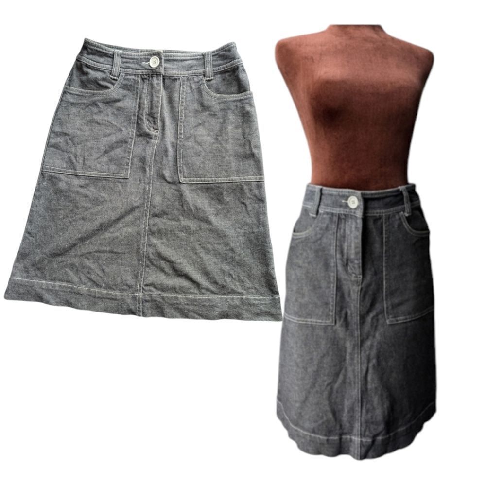 LINDEX French Girl Grey denim A-line midi skirt with white stitches sz S